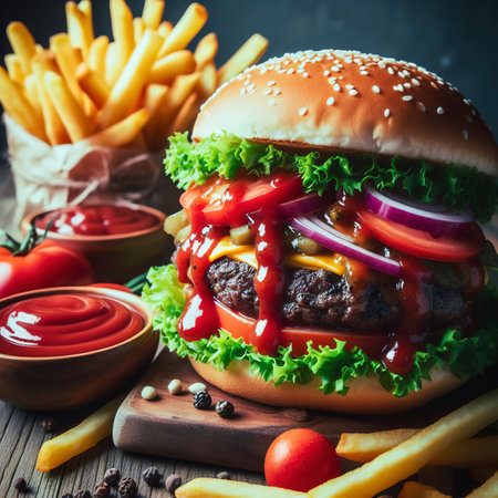 Beef meat hamburger with french fries and tomato sauce - Junk OR Unhealthy food style , Color Filter Processingの素材