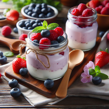 Healthy yougurt with berry in a glass jars on wooden backgroundの素材