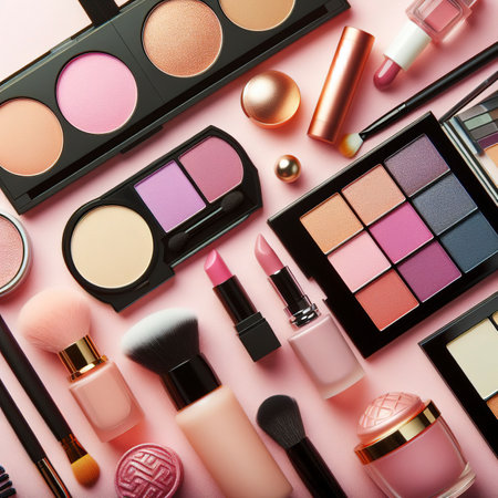 Make up products at pink background. Eye shadow, powder, cream, lipstick and more for professional make up. Flat lay imageの素材