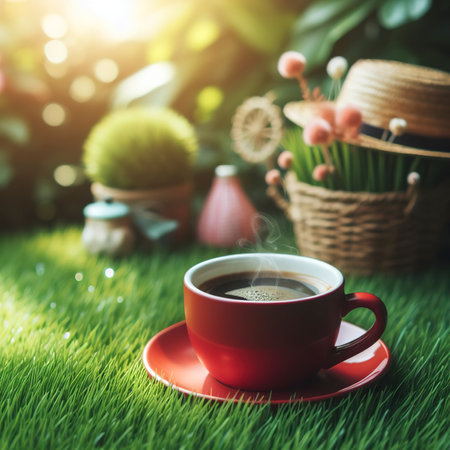 red coffee cup on the green grass with copy spaceの素材