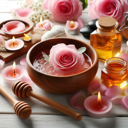 rose spa treatments on white wooden tableの素材