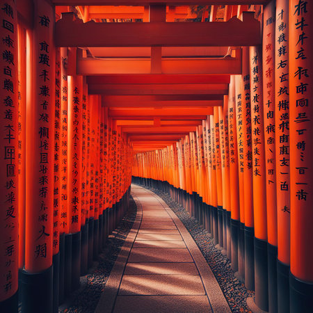The red torii gates walkway path at fushimi inari taisha shrine the one of attraction landmarks for tourist in Kyoto, Japanの素材