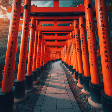 The red torii gates walkway path at fushimi inari taisha shrine the one of attraction landmarks for tourist in Kyoto, Japanの素材