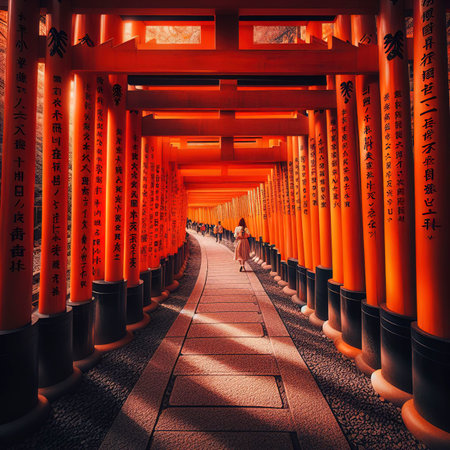 The red torii gates walkway path at fushimi inari taisha shrine the one of attraction landmarks for tourist in Kyoto, Japanの素材