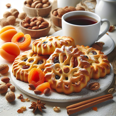 cooked sweet biscuit with dried apricots and nuts inside isolated on white backgroundの素材