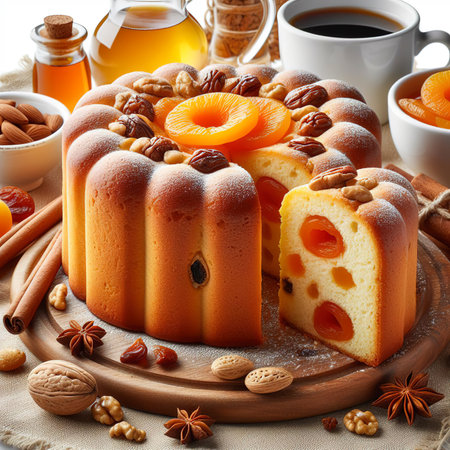 cooked sweet biscuit with dried apricots and nuts inside isolated on white backgroundの素材