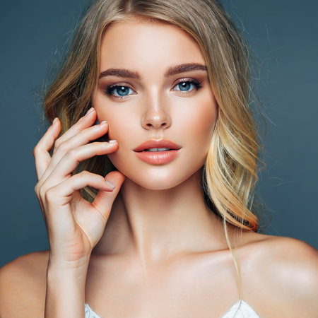 Beauty fashion portrait of young blond woman model with natural makeup and perfect skin posingの素材