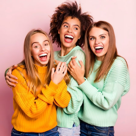 Fascinating emotional girls laughing and having fun. portrait of joyful friends isolated on brightの素材
