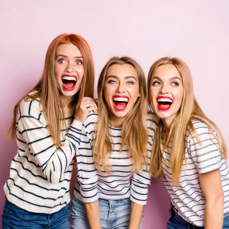 Fascinating emotional girls laughing and having fun. portrait of joyful friends isolated on brightの素材
