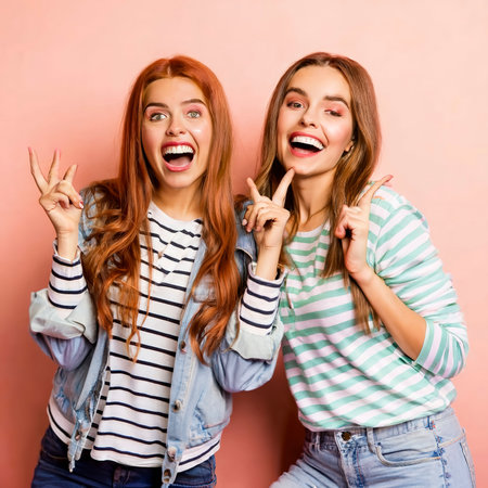 Fascinating emotional girls laughing and having fun. portrait of joyful friends isolated on brightの素材
