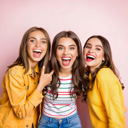 Fascinating emotional girls laughing and having fun. portrait of joyful friends isolated on brightの素材