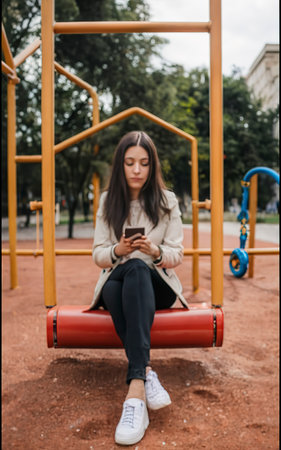 Woman sitting on the playground with a phone in her handsの素材