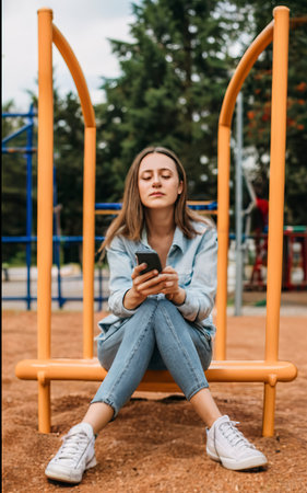 Woman sitting on the playground with a phone in her handsの素材