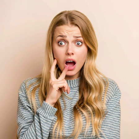 Young woman with shocked. portrait of a surprised caucasian girl. attractive blonde expressive femaleの素材