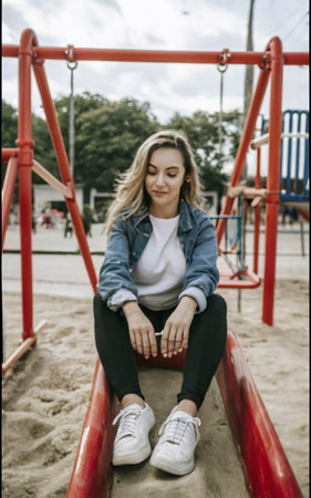 Woman sitting on the playground with a phone in her handsの素材