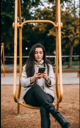 Woman sitting on the playground with a phone in her handsの素材
