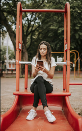 Woman sitting on the playground with a phone in her handsの素材