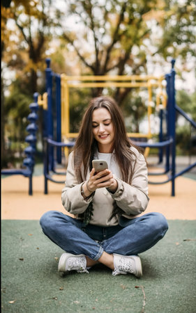 Woman sitting on the playground with a phone in her handsの素材