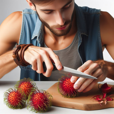 A man is peeling fresh rambutan using kitchen knife, isolated over whiteの素材