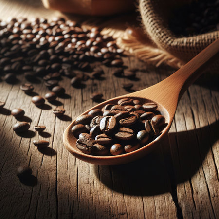 Coffee bean in a wooden spoonの素材