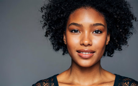 Close up portrait of a beautiful african american woman with blue eyesの素材