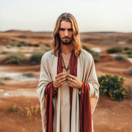 cropped image Jesus with long hair in robe and red sash holding wooden rosary in desertの素材