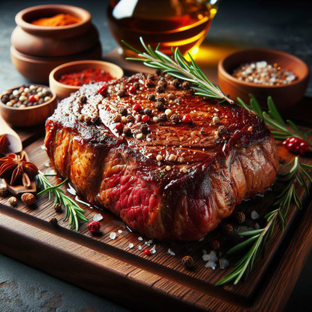 juicy beef steak with spices and herbs on wooden cutting boardの素材