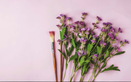 Purple flowers and paint brush on pink background. Flat lay.の素材