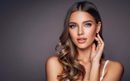 Young pretty woman portrait in make up. Face of beauty girl with straight smoothy hair and casual makeupの素材