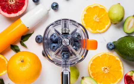 Black electric hand blender and accessories with sliced fruits on a white backgroundの素材