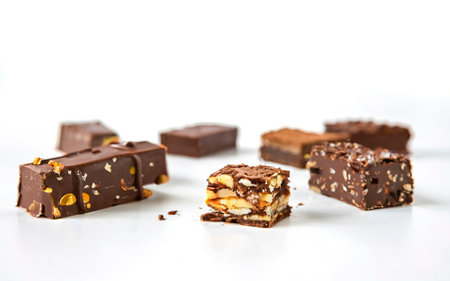 Chocolate candy bars wafers handmade lie on a white backgroundの素材