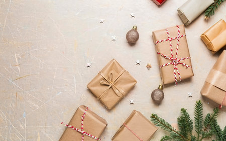 Christmas gifts on craft backgroundの素材