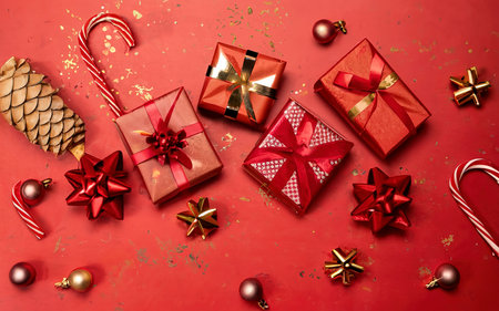 Christmas background with decorated gift boxesの素材