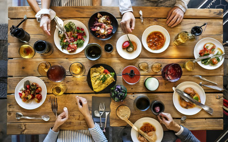 Cooking romantic dinner, view from above on a kitchen tableの素材