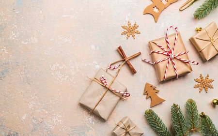 Christmas gifts on craft backgroundの素材