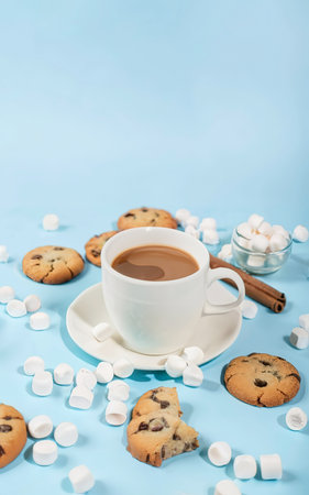 Cup of coffee, marshmallow, cookies on a blue background.の素材