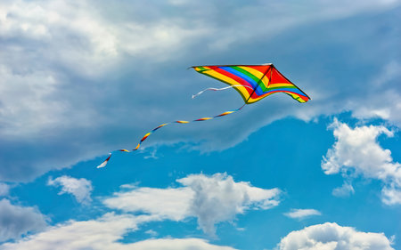 rainbow kite flying in blue sky with clouds in summer with copyspaceの素材