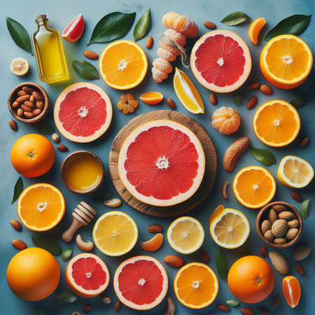 citrus fruits, oranges, grapefruit on a blue backgroundの素材