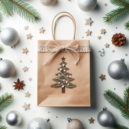 Christmas tree in a craft gift bag, decorative balls on a white backgroundの素材