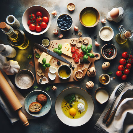 Cooking romantic dinner, view from above on a kitchen tableの素材