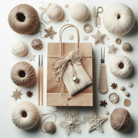 Craft gift bag, decorative balls on a white backgroundの素材