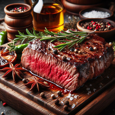 juicy beef steak with spices and herbs on wooden cutting boardの素材