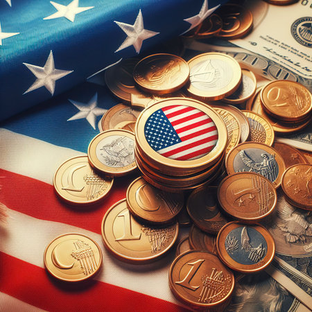 national flag of america and euro coins concept euroの素材