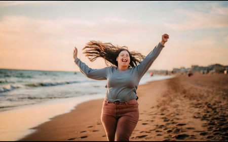 Happy young woman with her arms outstretched enjoying the sunset on the beachの素材