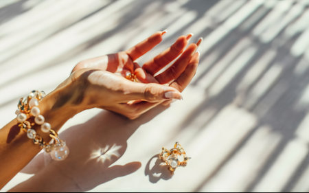 Aesthetic female hand with a light manicure and jewellery. Light sunny background with strong shadowsの素材