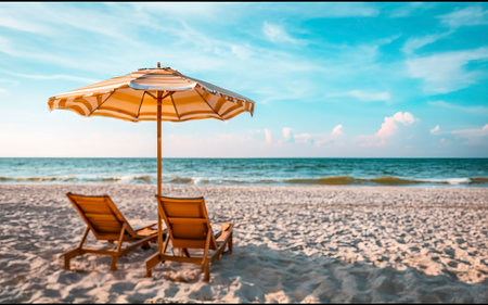 Beach chair with umbrella on the beach. Vacation concept.の素材