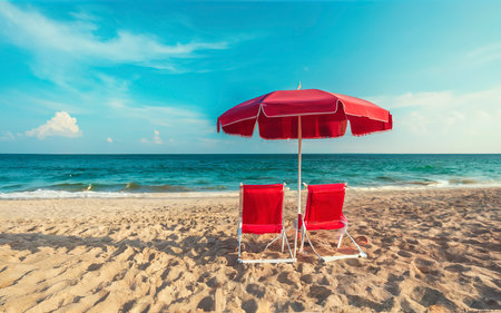 Beach chair with umbrella on the beach. Vacation concept.の素材