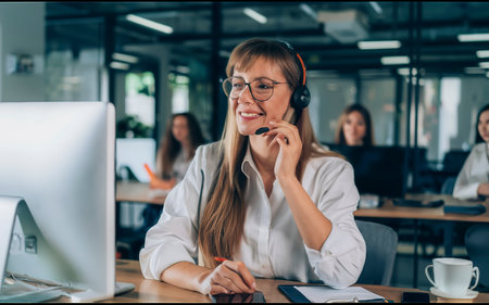 Portrait of smiling businesswoman in headset working with computer in officeの素材