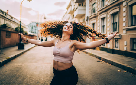 Beautiful sporty young woman with long curly hair running in the city.の素材