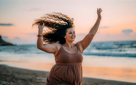 Portrait of a beautiful young woman dancing on the beach at sunsetの素材